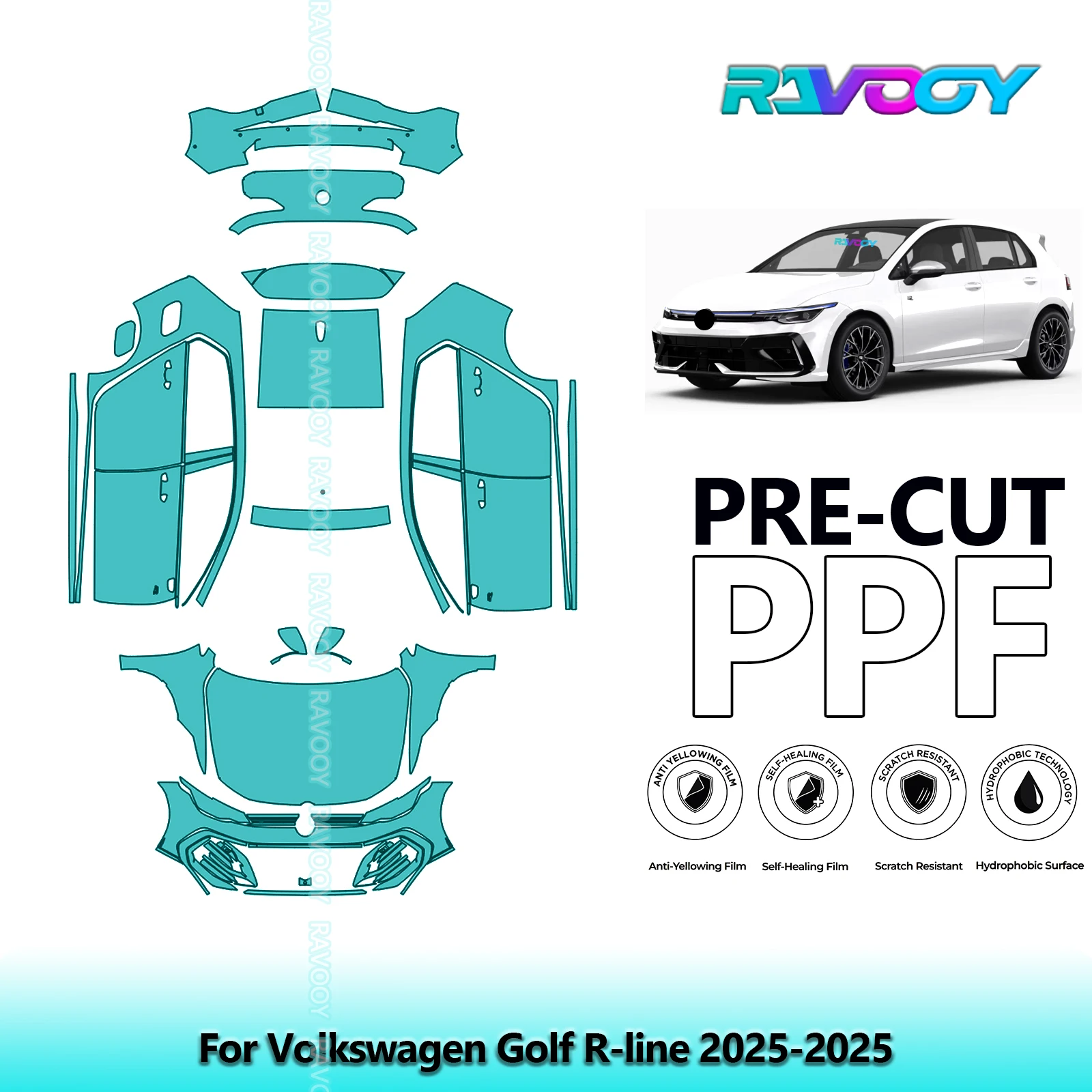 RAVOOY Custom-Fit Precut TPU PPF Full Vehicle Clear Bra Stone Guard EU UK For Volkswagen Golf R-line 2025-2025