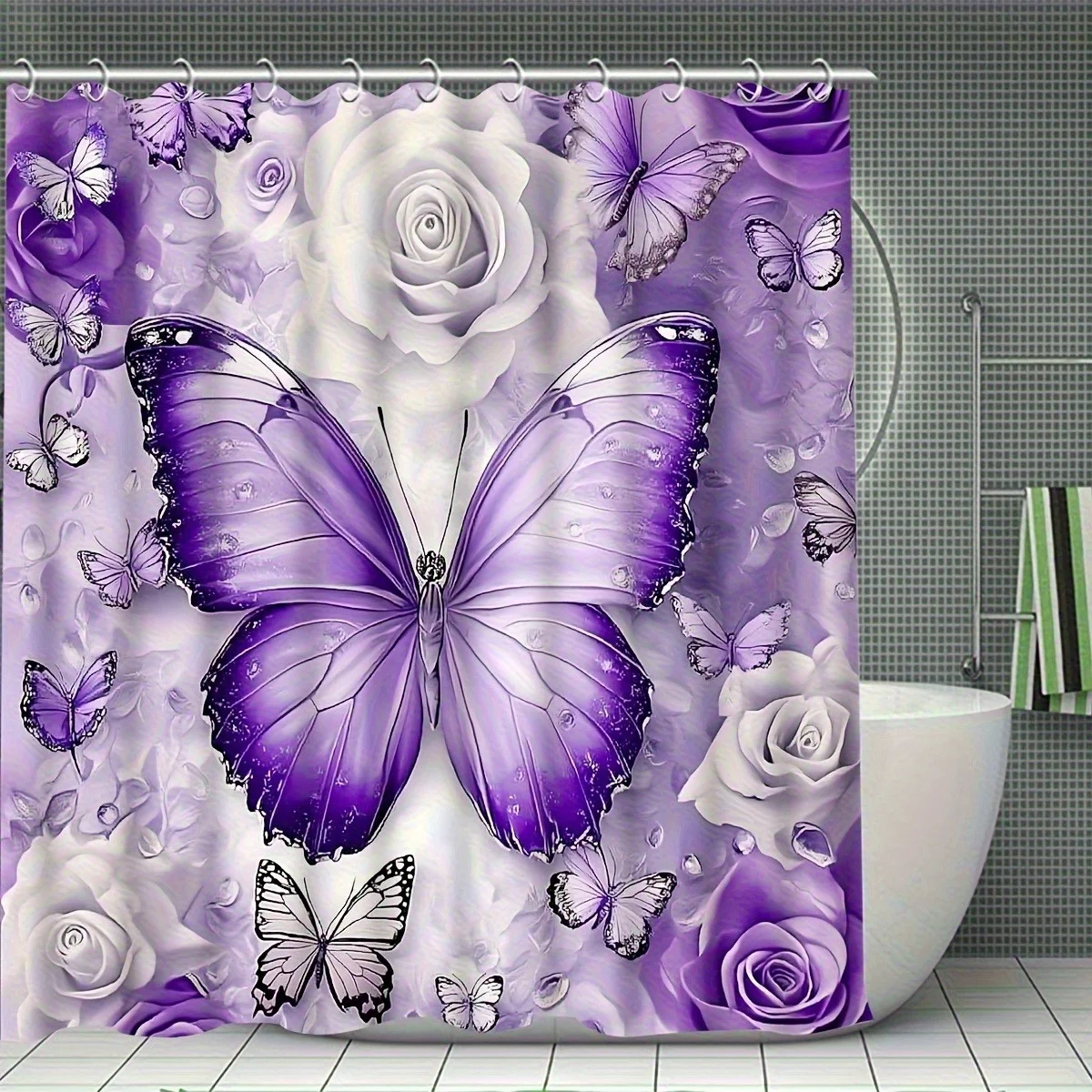 مجموعة ستائر دش أرجوانية مزخرفة بنمط الفراشة مكونة من قطعة واحدة، ستائر ديكور حمام أنيقة للسيدات، قماش بوليستر قابل للغسل #2