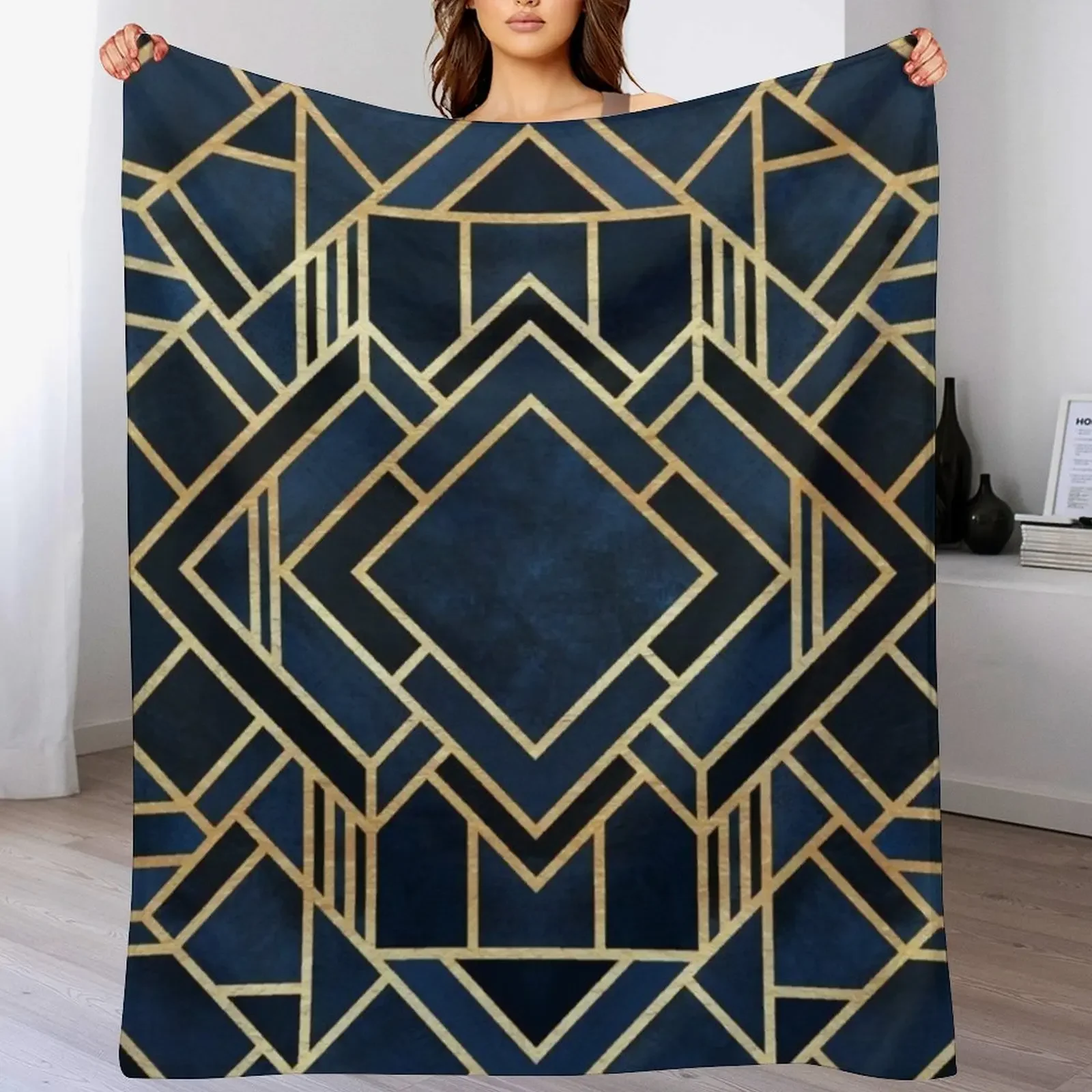

Geometric Blue and Gold Throw Blanket For Sofa Thin bed plaid Cute Blankets Sofas Of Decoration Blankets