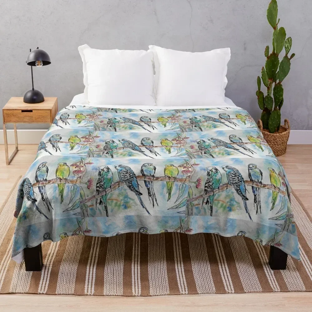 Colourful Budgies Budgerigars Sitting on A Branch Watercolor Painting Throw Blanket Giant Sofa Winter beds Blankets