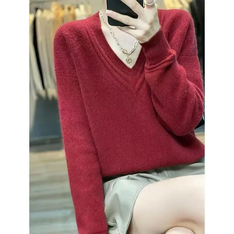 

Осень-зима, новая мода, универсальный толстый вязаный пуловер, женская одежда, винтажный свободный свитер с v-образным вырезом и длинными рукавами, женский элегантный топ