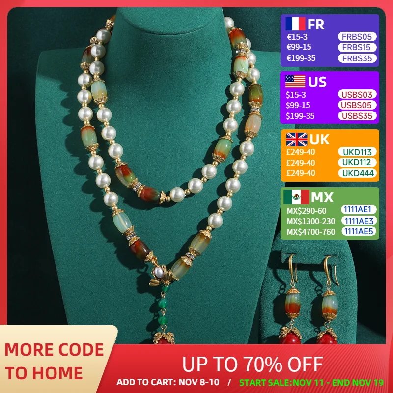 

Vintage Bride Beads Necklace Set Pearl Long Jewelry For Women Red Natural Glass Drop Earrings Layered Accessories Suit 2025 New
