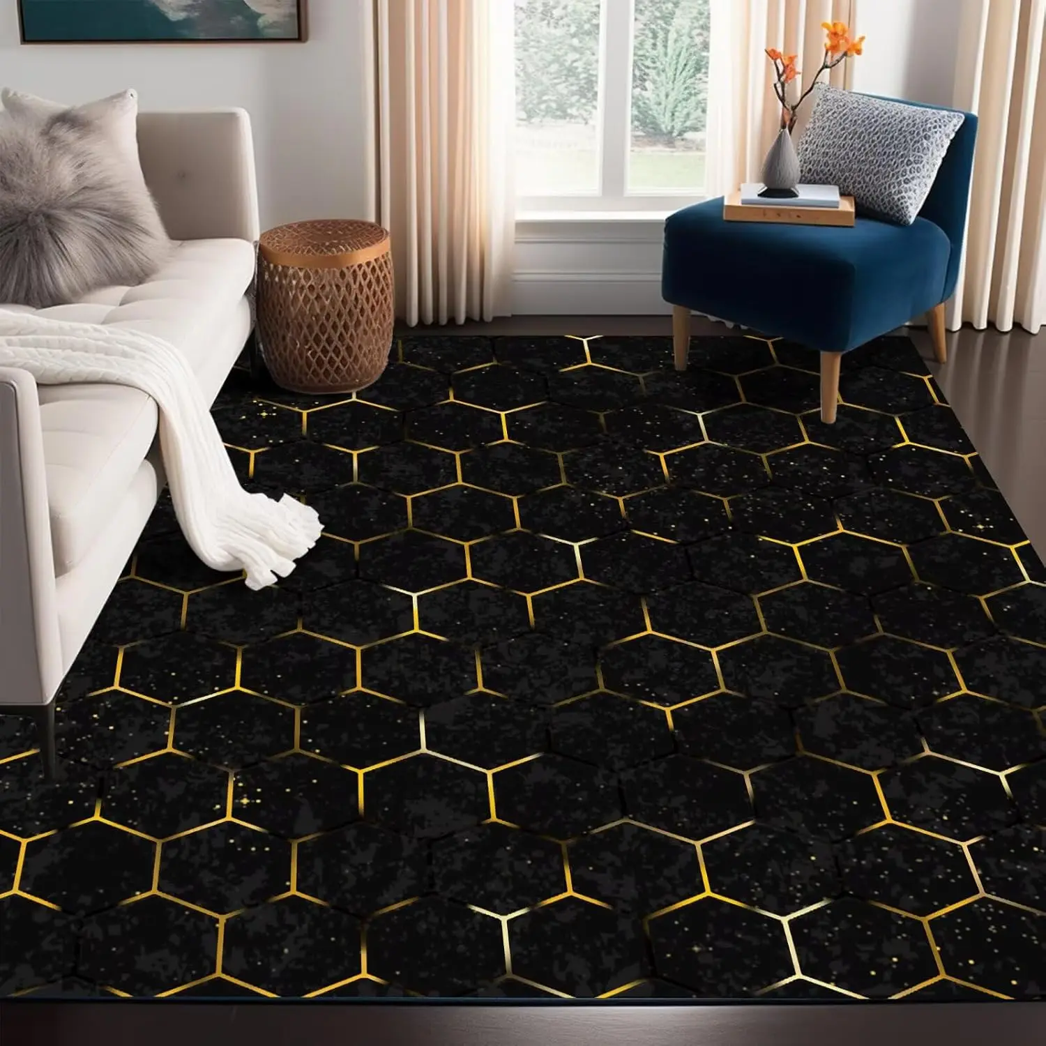 Geometric Rug Black and Gold Area Rugs for Bedroom Dorm Living Room Moroccan Honeycomb Modern Aesthetic Throw Rug Floor Mat