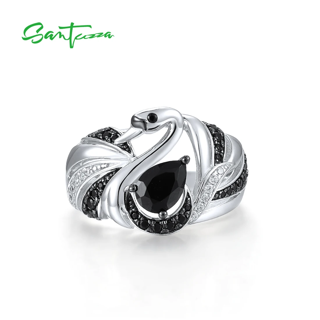 SANTUZZA Genuine 925 Sterling Silver Rings For Women Black Spinel White Cubic Zirconia Swan Ring Elegant Trendy Fine Jewelry