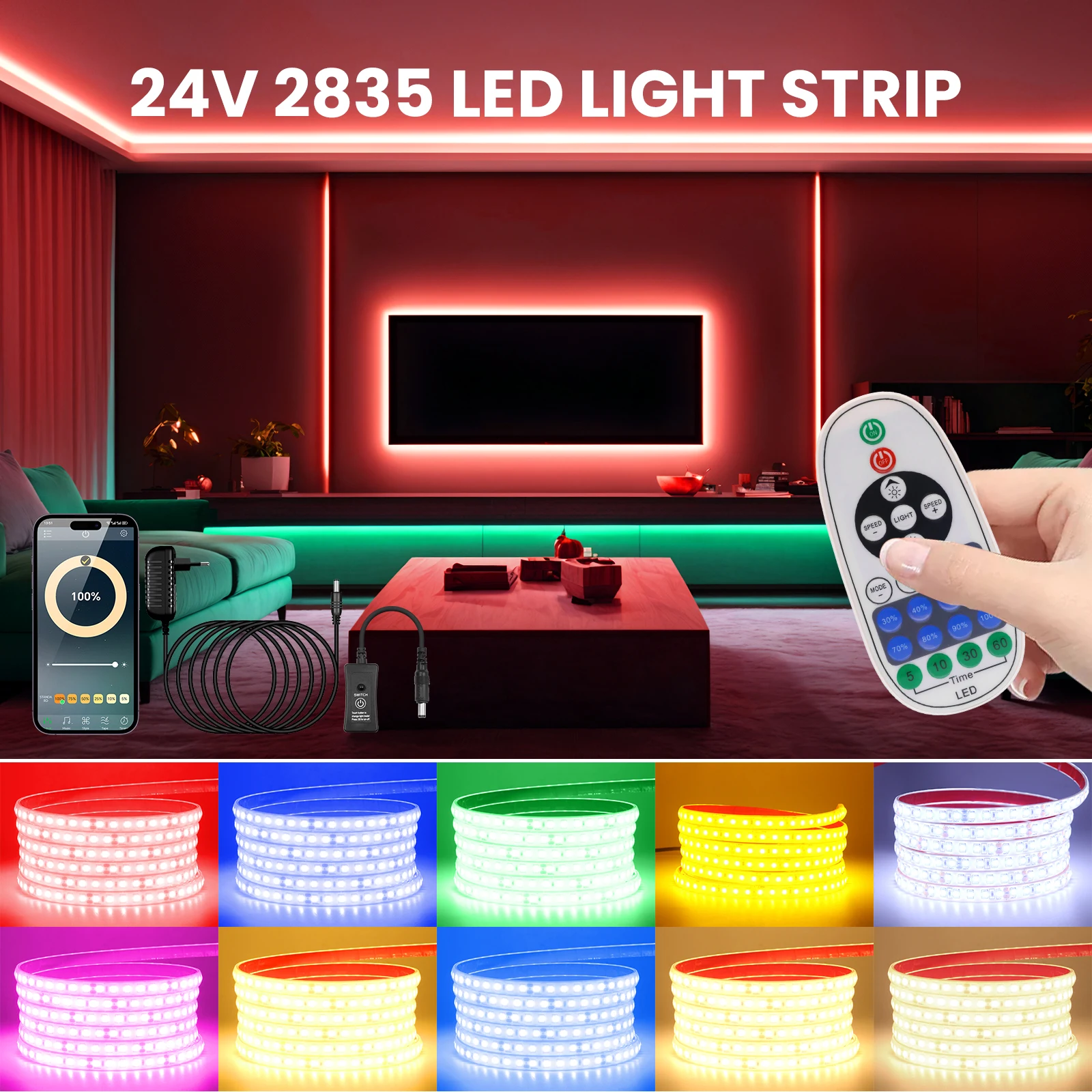 Bluetooth APP regulable 24V tira de LED IP68 impermeable 2835 120LEDs/m cinta de luz Flexible   Cálido Natural Blanco Rojo Azul Verde Rosa