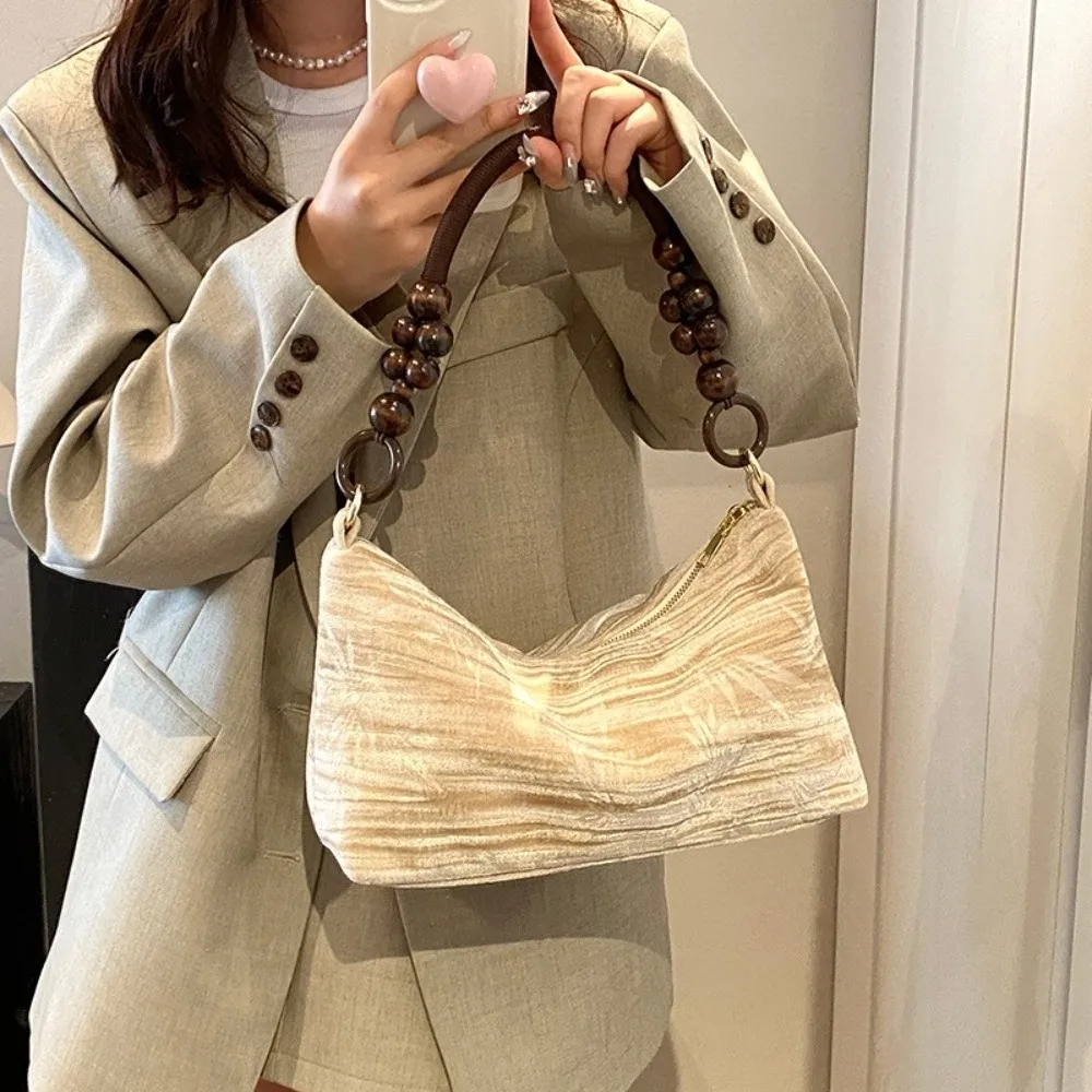 

Retro Canvas Fabric Tote Bags Beading Large Capacity Shoulder Bags Square Shape Underarm Bag