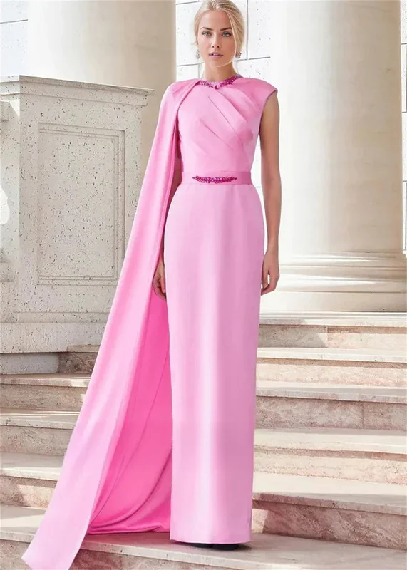 

O-Neck Satin Vintage Pink Beading Evening Dress Prom Gowns with Cape Sleeves Simple Wedding Party Gowns For Women 2024customized