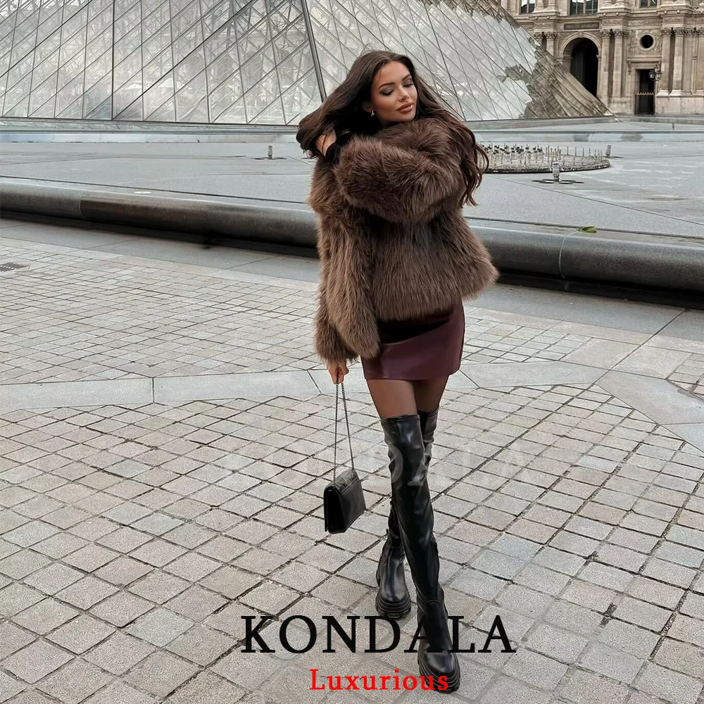 KONDALA Vintage Chic Brown Women Fur Coats Long Sleeve Turn Down Collar Overszied Jackets Fashion 2026 Thick Warm Spring Outwear
