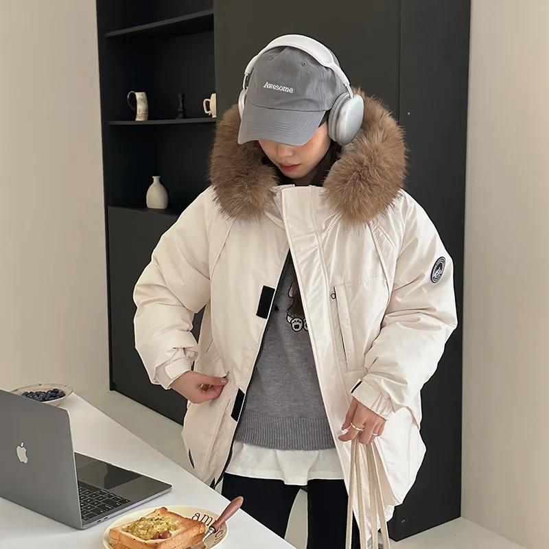 Fashion Winter New Clothing Female White Duck Down Large Fur Collar Hooded Down Jacket Loose Casual Thickened Warm Short Parkas