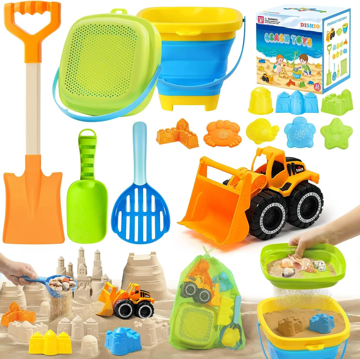 

Collapsible Beach Sand Toys Set for Kids - Bucket, Mesh Shovel, Filter Scooper & Castle Molds, Ages 1-8