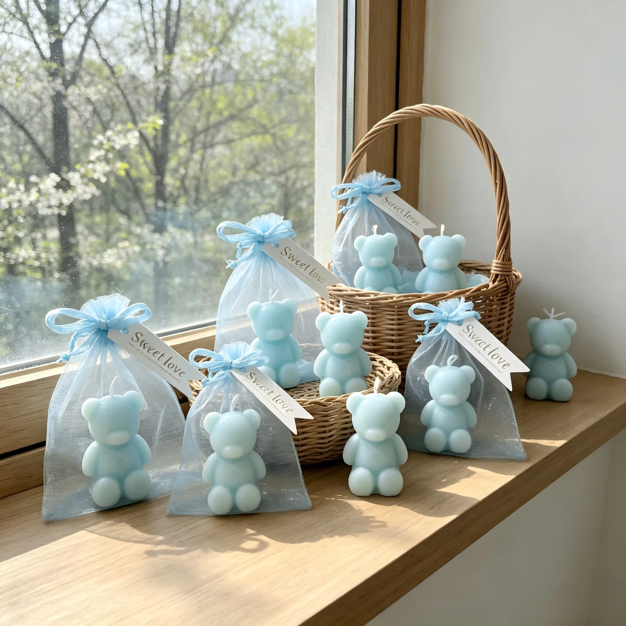 10 Sets Cute Blue Bear Candle Souvenir Kits, All-In-One Guest Favors for Baptism, Baby Party, Bridal Shower Engagement Party