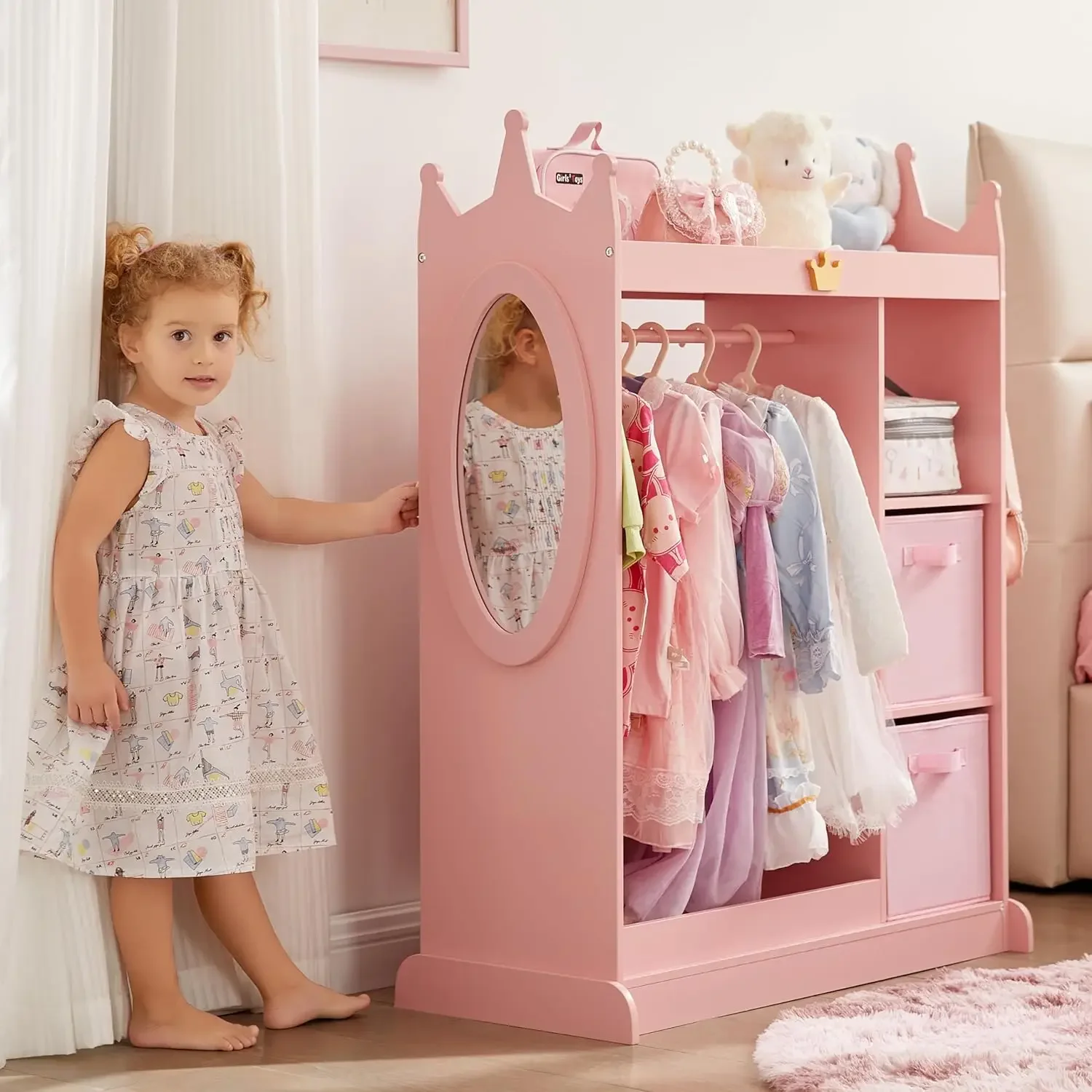 Kids Dress up Storage with Mirror, 2 Storage Bins & Cloth Hanger, Kids Play Armoire Dresser Pretend Storage Closet for Bedroom