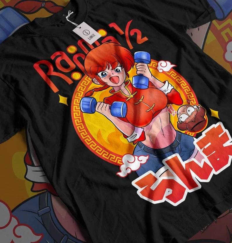 Ranma 1/2 Anime T-shirt Ranma Saotome Genma Panda Manga Graphic Print Unisex Heavy Cotton Short Sleeve Oversized Crew Neck Top