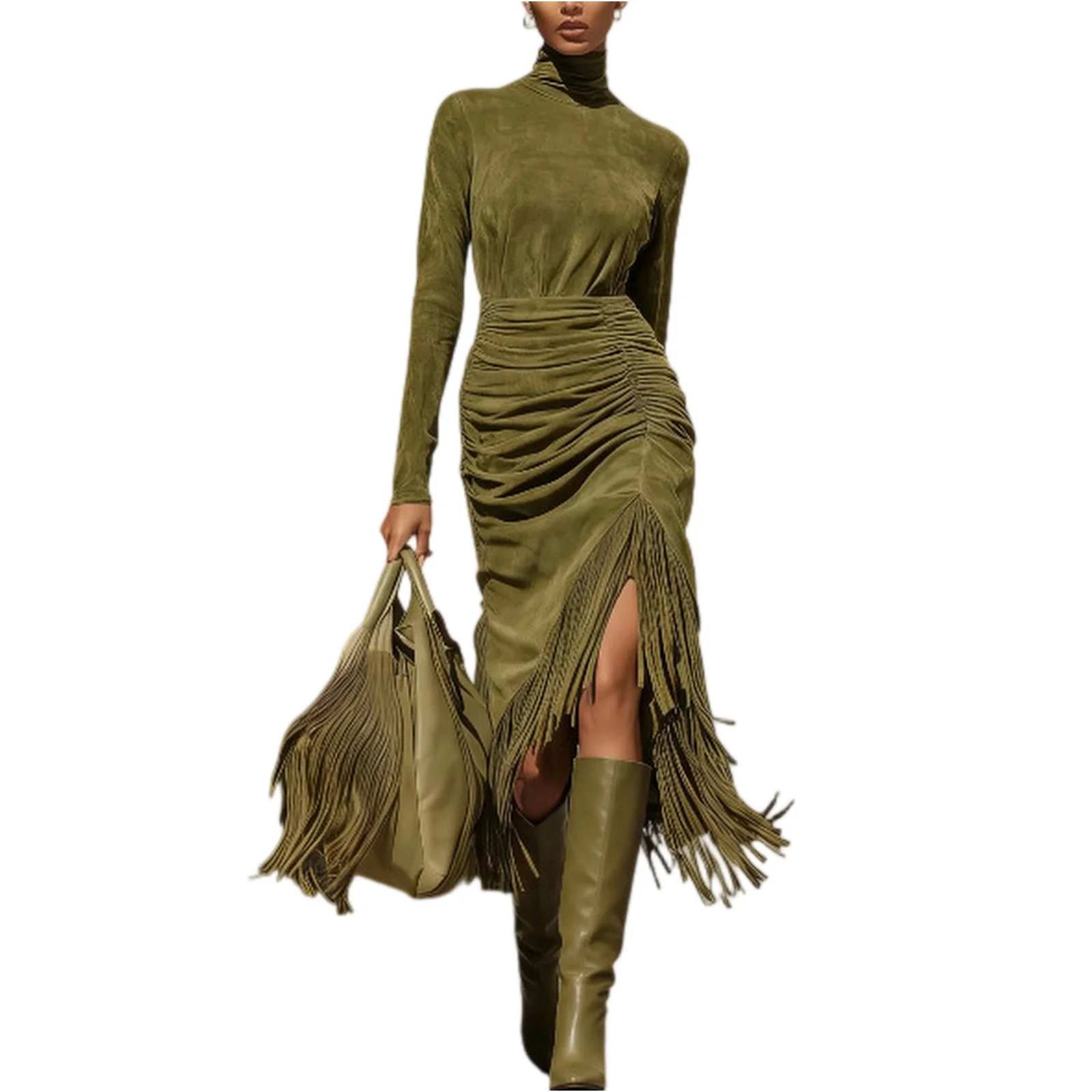 Frauen Elegante Temperament Kleid Sexy Quaste Design Rollkragen Bequeme Kleid Dame Täglichen Anmutige Einfarbig Langes Kleid