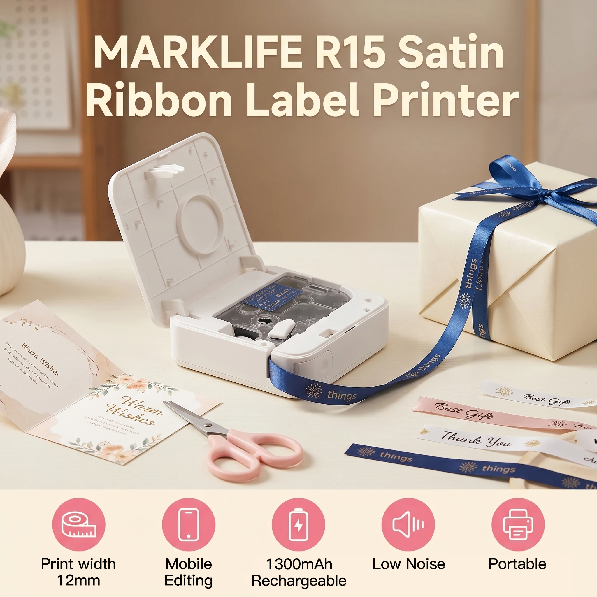 Marklife R15 Wireless Satin Ribbon Printer-Digital Gold Foil Ribbon Maker for Luxury Gift Wrapping Flowers Boutique Stock