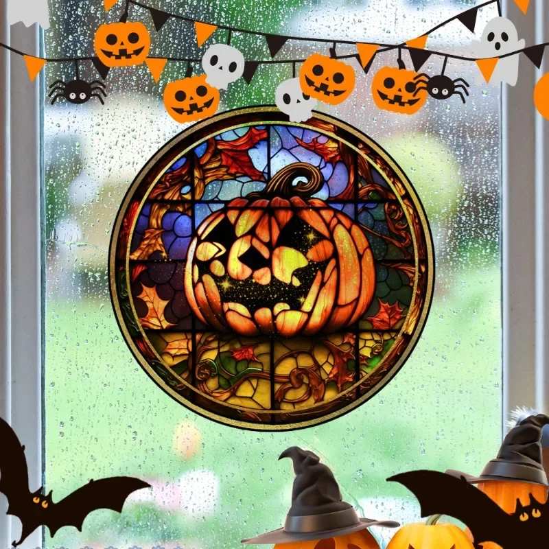 

Halloween Stained Colorful Horror Castle Cat Static PVC Window Glass Stickers Glue Free Decorative Film Party Home Decoration