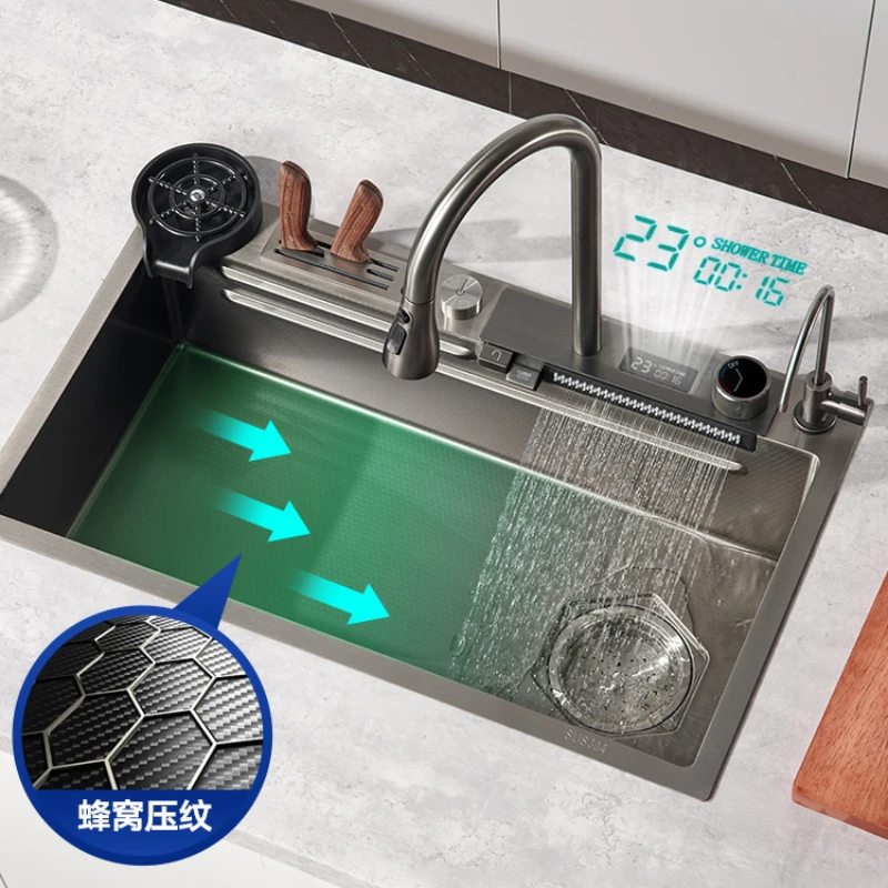 Gun Grey Digital Waterfall Knife Holder Honeycomb Embossed 304 Stainless Steel Washing Basin Home Dishwashing Sink Kitchen