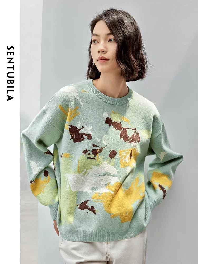 SENTUBILA Women Comfort Knitted Sweaters Pullovers 2024 Winter Casual Loose Drop Sleeve Art Jacquard O Neck Jumpers W43E56593