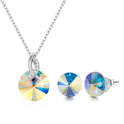 Cute Silver Color Jewelry Sets Colorful Crystals from Austria Pendant Necklace Stud Earrings Accessories For Women Christmas