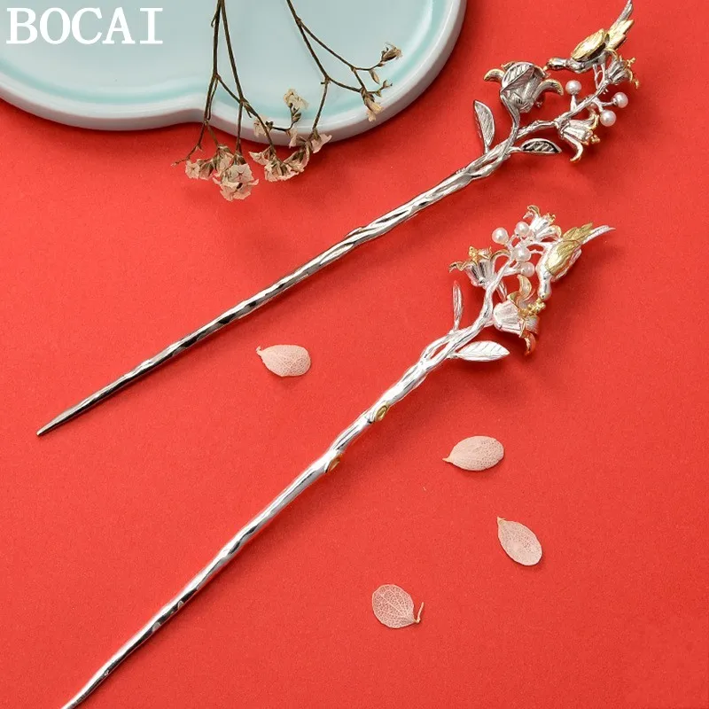 BOCAIS925 Sterling Silver Hairpin for Women New Fashion Magpie on the Branch Pearl Hair-sticks Headwear Hair Accessories Jewelry