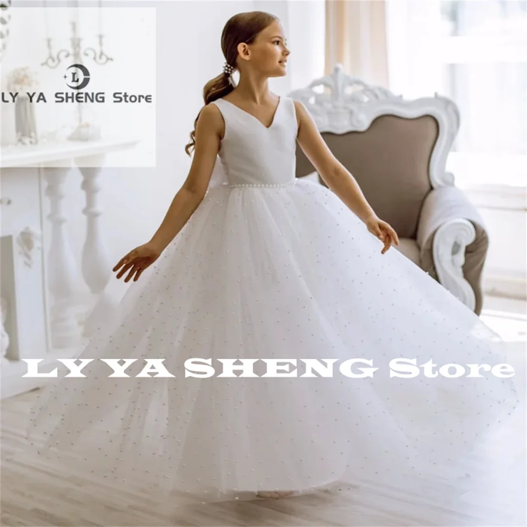 Customized White Flower Girl Dresses Tulle Puffy Pearl With Bow Sleeveless For Wedding Birthday Party First Communion Gowns