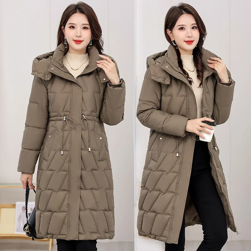 

Loose Fit Quilted Cotton Jacket Women's Winter Coat Mid-Length Ripple Design Detachable Hood Thick Knitted Padded Vest