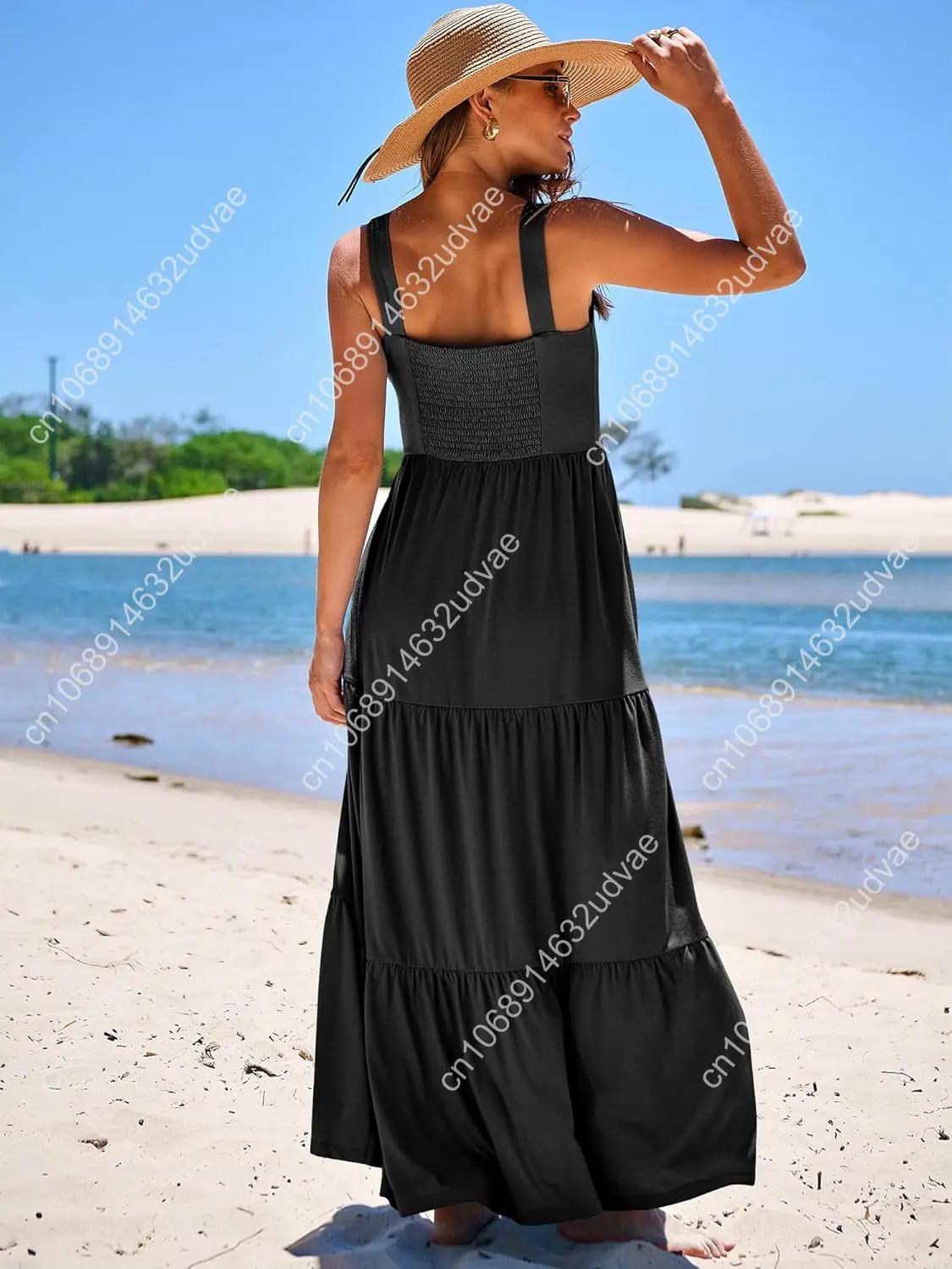 Feminino verão casual longo maxi praia férias vestidos sem mangas pescoço quadrado flowy em camadas vestido de sol com bolsos
