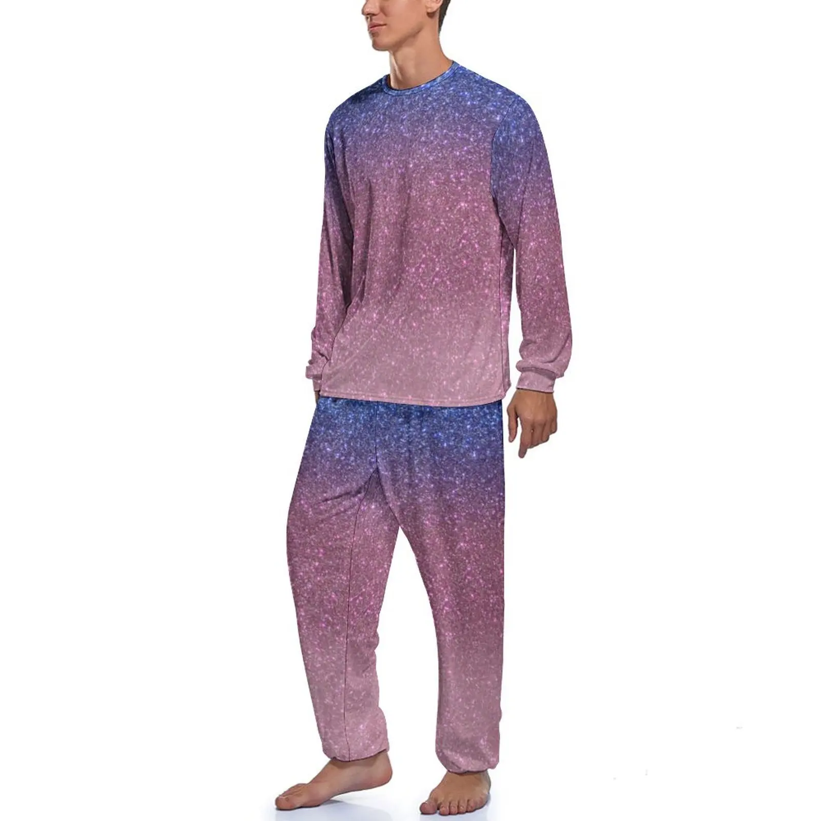 Glitter Ombre Print Pajamas Autumn Blue Pink Sparkly Room Sleepwear Mens 2 Pieces Design Long Sleeve Cool Pajama Sets