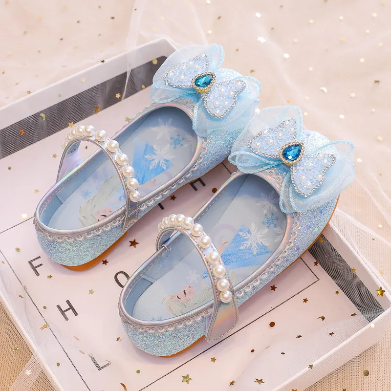 Shining Pearl Bow Tie Princess Shoes for Girls Halloween Festival Cosplay Birthday Party Dress Up Fairy Green Kids Leather Shoe