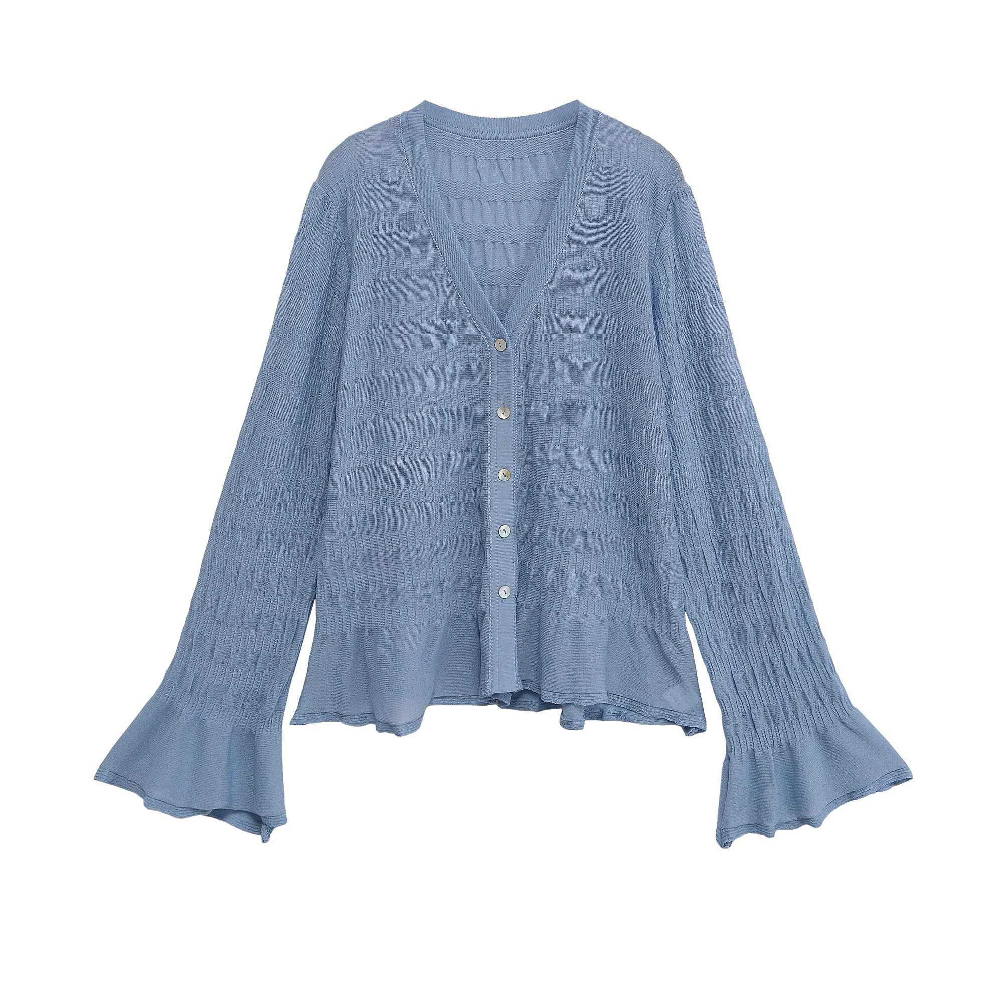 

Women's clothing autumn new products simple and versatile casual and fashionable pleated V-neck long-sleeved knitted jacket