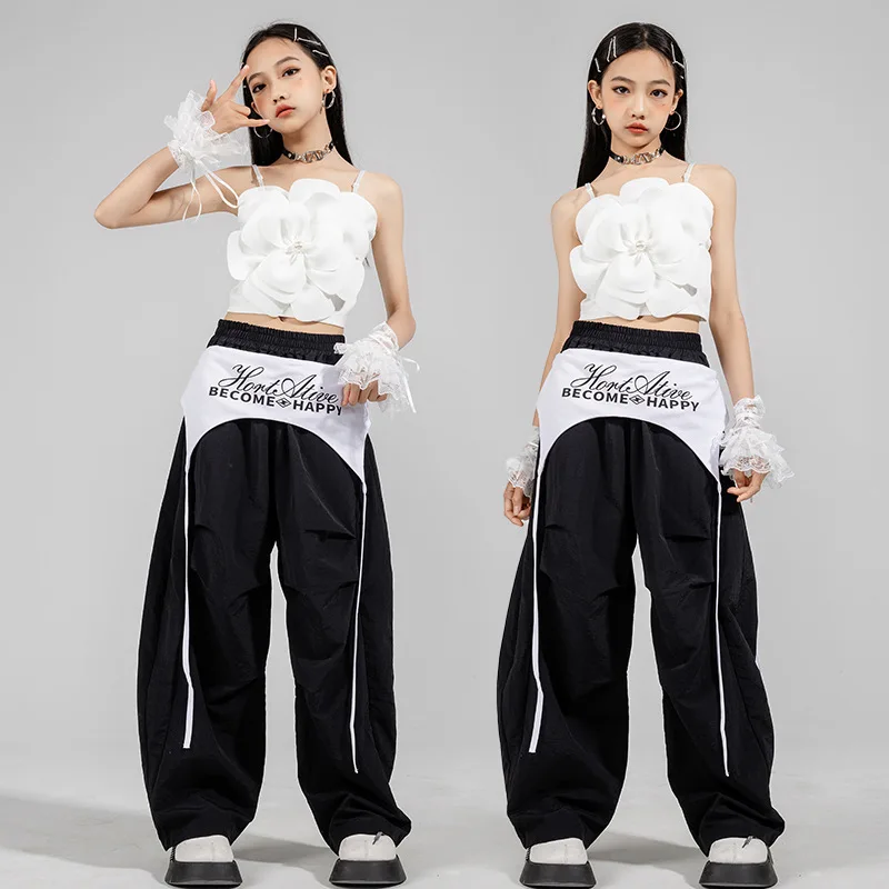 

Kid Kpop Hip Hop Clothing White Flower Camisole Crop Tank Top Black Casual Parachute Pants for Girl Jazz Dance Costume Clothes