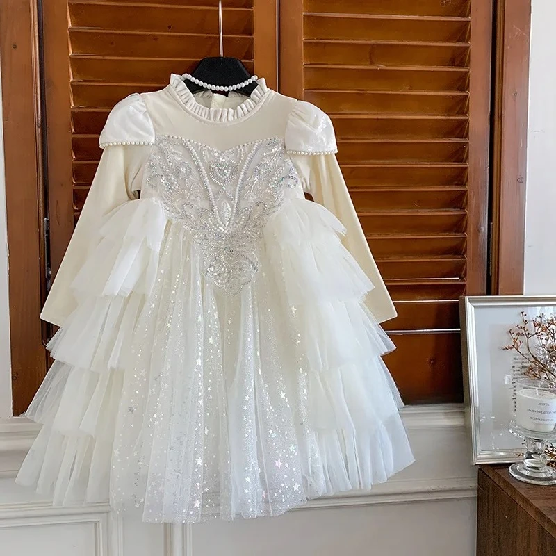 Girl Fleece Lined Puffy Princess Dress Girls'  New Luxury High-end Birthday Party Performance Flower