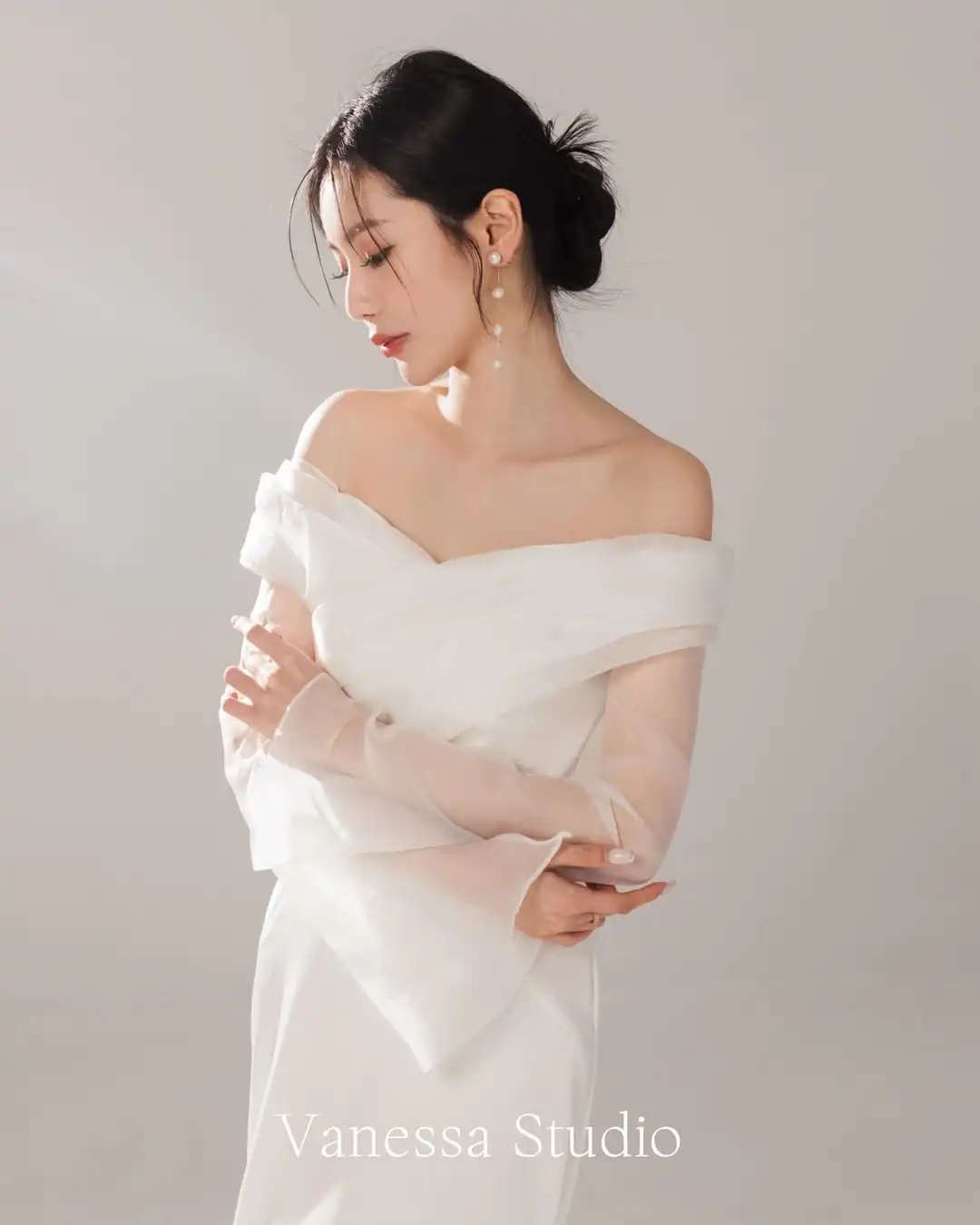 MD Exquisite Wedding Dress Off Shoulder 웨딩드레스 Satin Long Sleeve Korea Photoshoot Bridal Gown Customized vestidos de novia