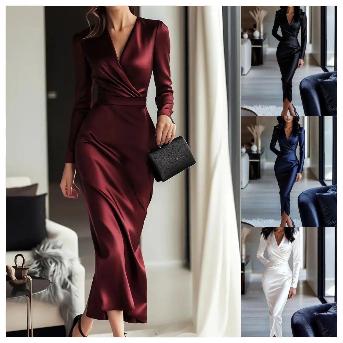 

Elegant Women's Long Sleeve Dress V-Neck Belted Slimming Midi Dress Fall Party Office Evening Gown Wedding Guest Cocktail Dress