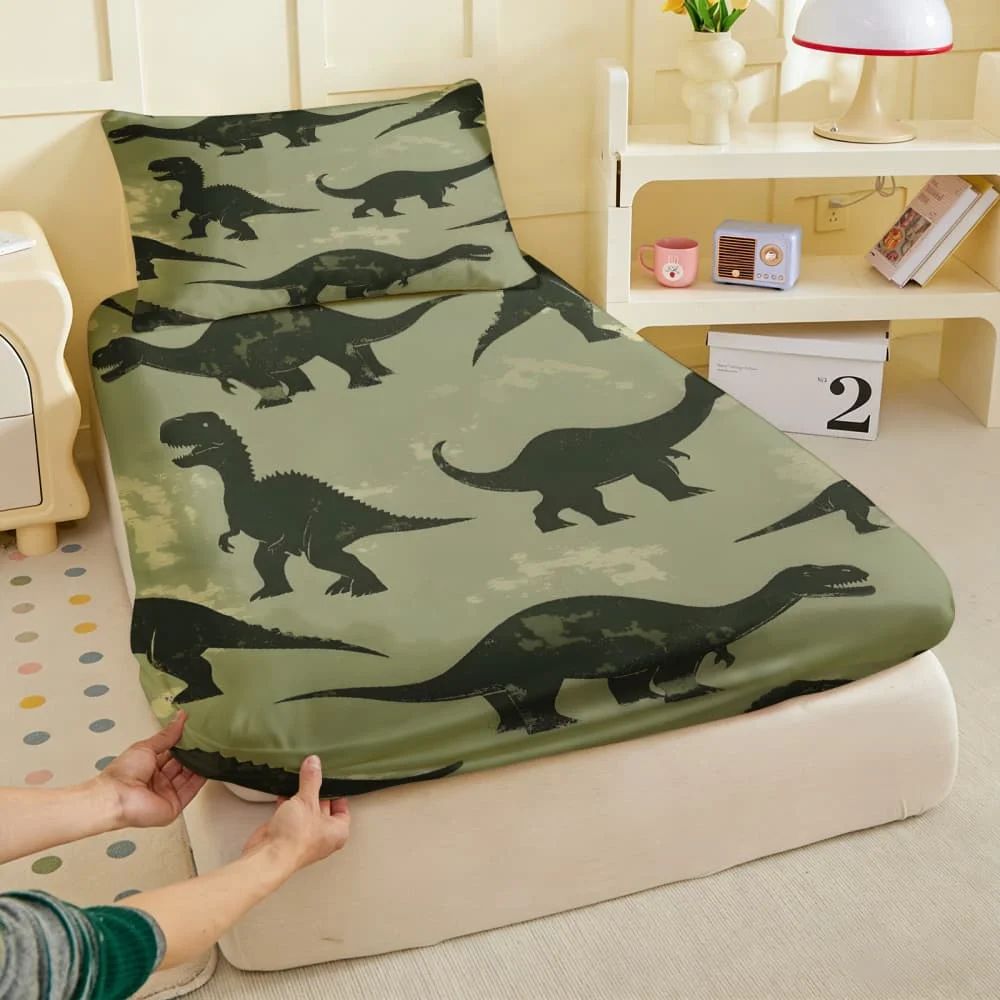 1pc Camouflage Dinosaur Silhouette Print Fitted Sheet Deep Pocket Elastic Mattress Cover Single Double Queen King Bedroom Decor