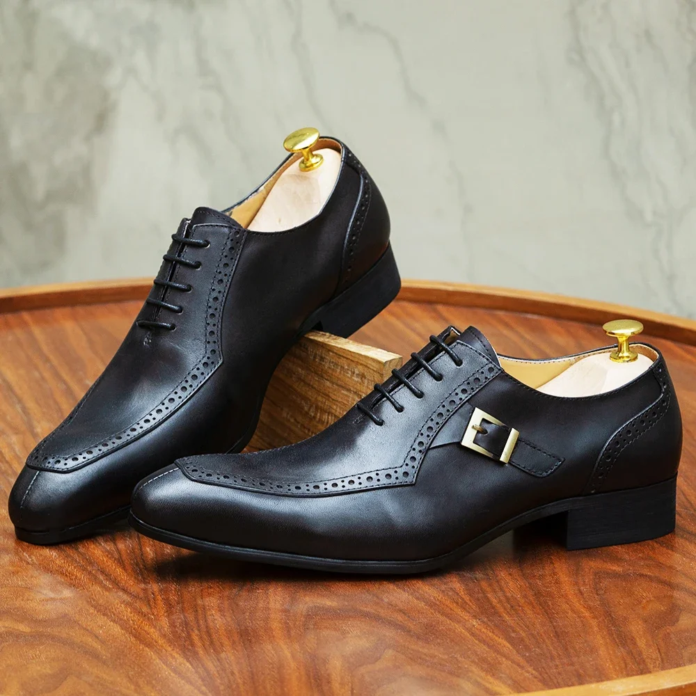 Men's Luxury Leather Dress Shoes Brown/Black Office Business Wedding Formal Lace-Up Pointed Toe Oxford with Buckle