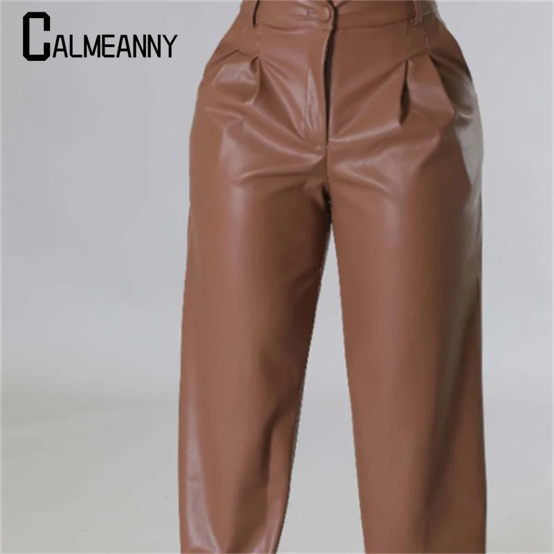 Damskie skórzane spodnie 2025 wiosna jesień nowe jednolite proste codzienne słodkie biurowe eleganckie z wysokim stanem damskie długie szerokie spodnie