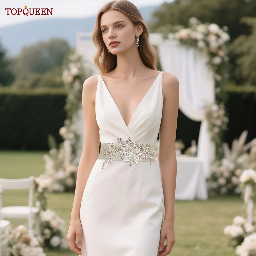 

TOPQUEEN свадебный пояс с вышитым цветком, атласный шелковый широкий пояс, дизайн, женский аксессуар для официальной одежды, свадебный пояс S277