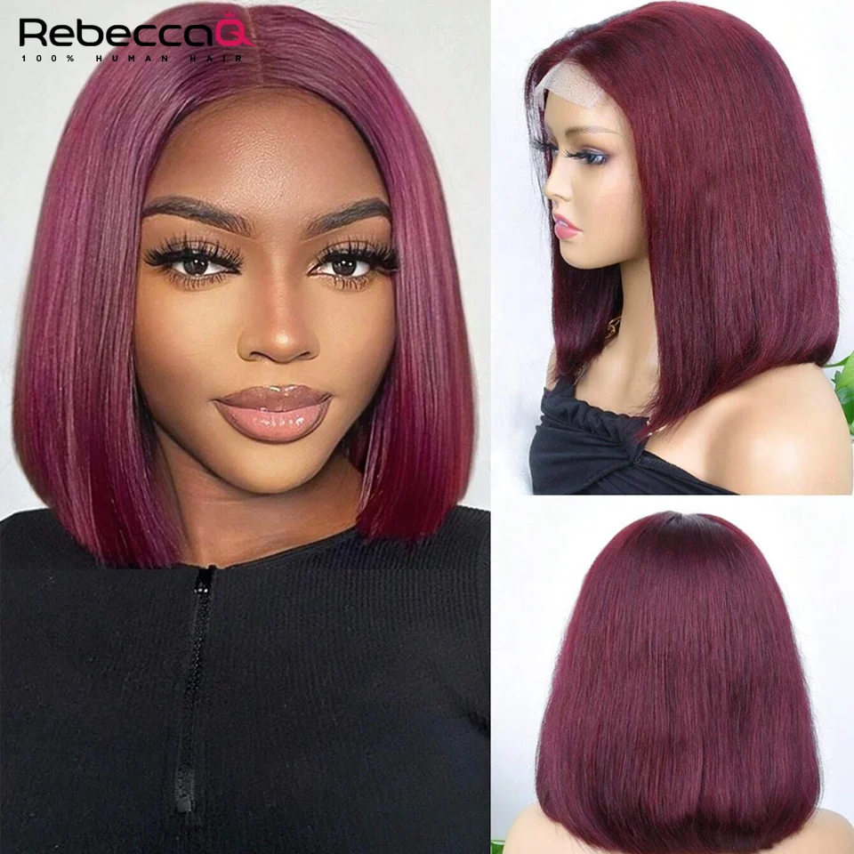 

Short Bob Human Hair Wig Transparent Lace Burgundy Straight Bob 13x6x1 Lace Front Wigs 180% Density #99J Color Pre-Plucked Lace