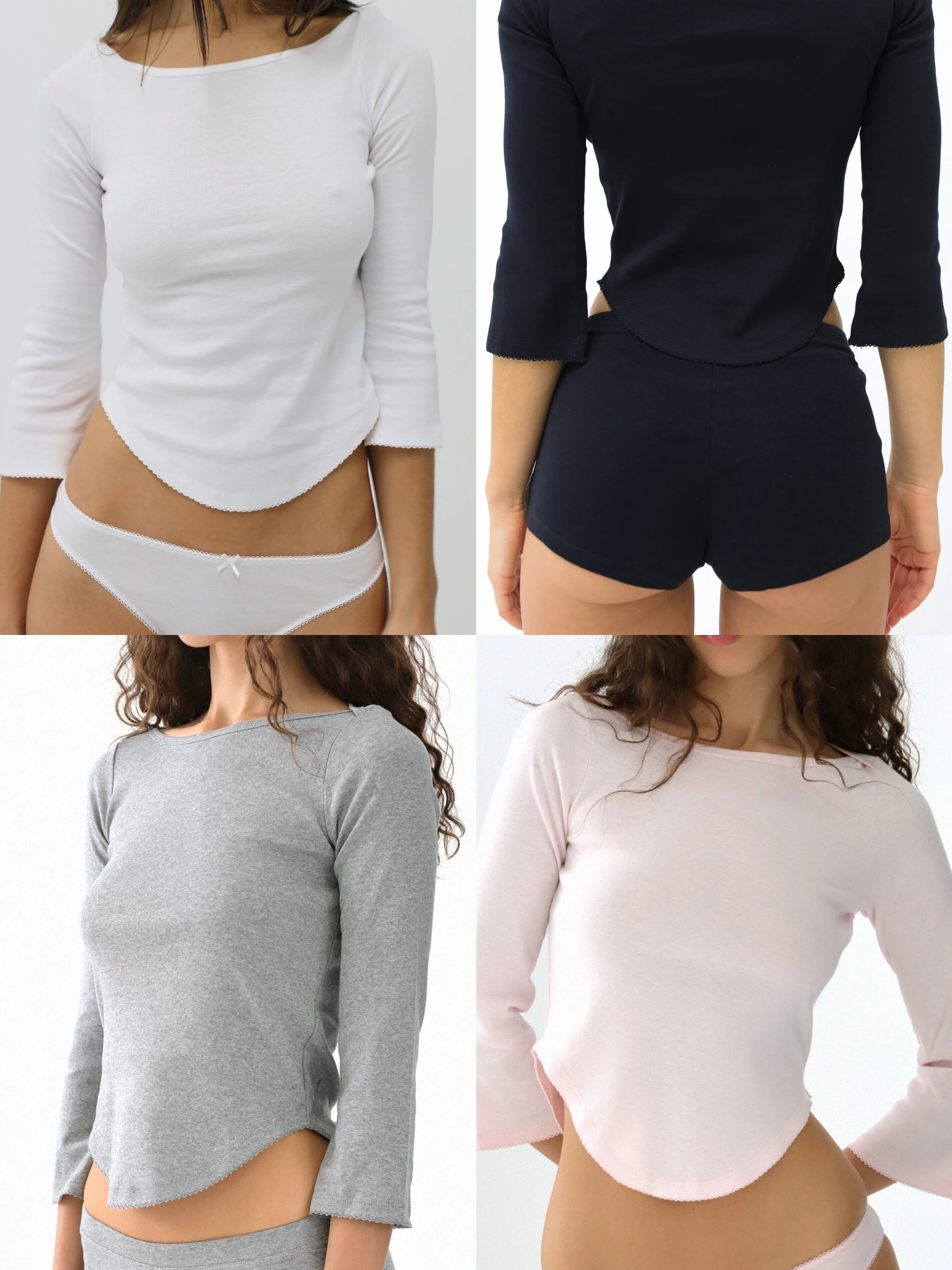 Cou outono manga três quartos rosa em torno do pescoço manga longa camiseta em forma de v bainha design cinza topo casual moda branco topo renda design preto topo