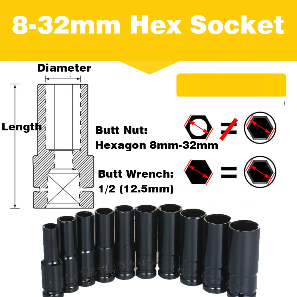 1PCS 1/2 Impact Socket Set 8-32mm Deep Socket Wrench Lang Head Set Hexagon Mechanical Workshop Tool Hex Key Pneumatic Electric