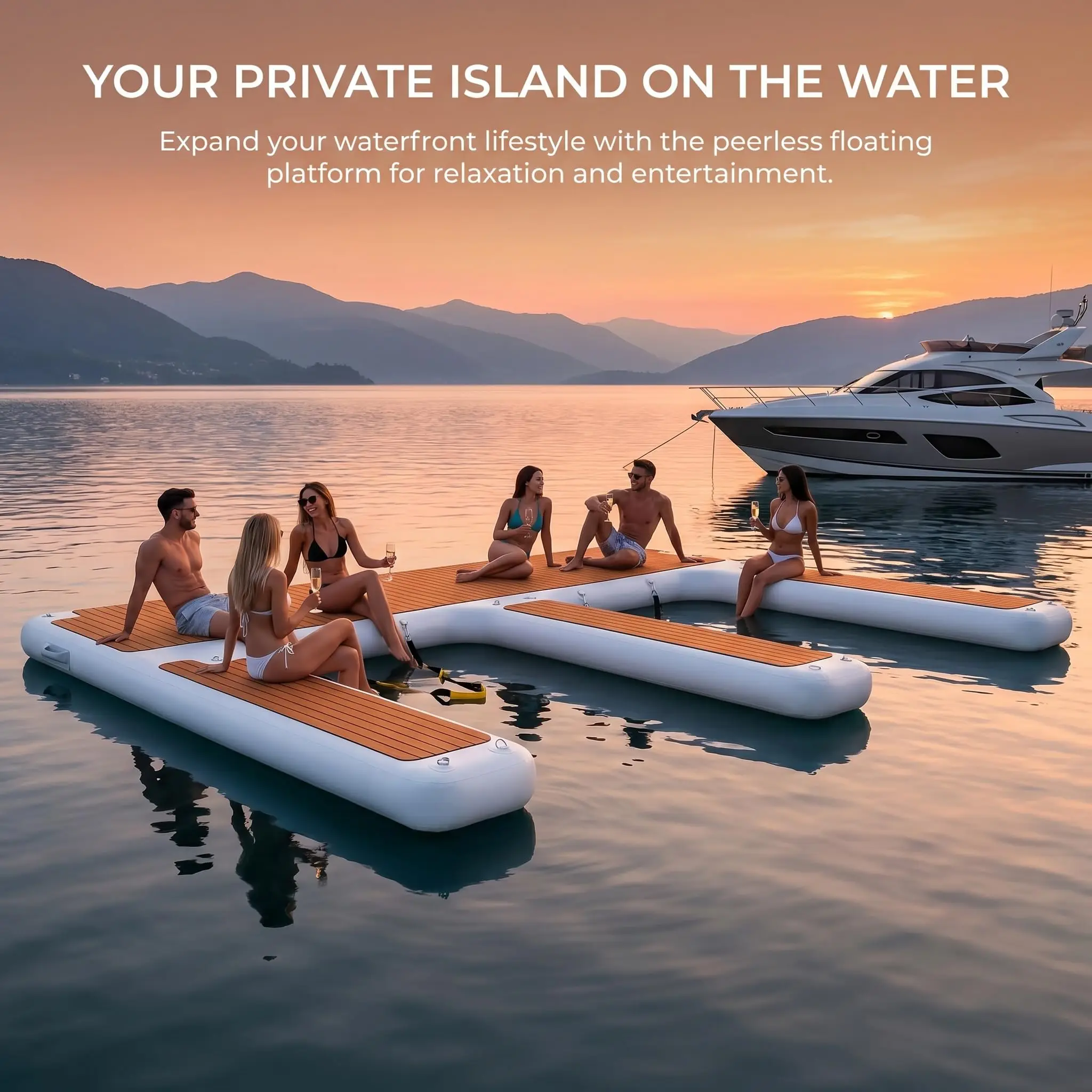 Inflatable Jet Ski Dock 13x10ft, E-Shaped Floating Dock Platform, Thick PVC with Non-Slip EVA Surface, Heavy Duty Floating Island for Boat, Lake & Ocean