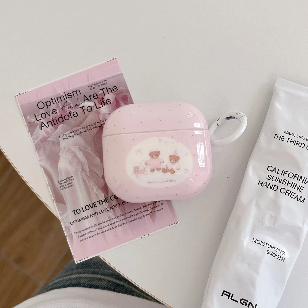 Sweet Cute Pink Polka Dot Little Bear With Pendant Shockproof Protective Earphone Cover Case for AirPods 1 or 2 3 4 Pro 2 Pro 3