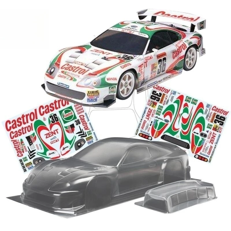 TeamC Bodies 1/10 Supra 2000 Bodywork 190mm Clear Lexan Car Body Shell W/ Rear Wing and Castrol Decal for On Road Rc Drift Car