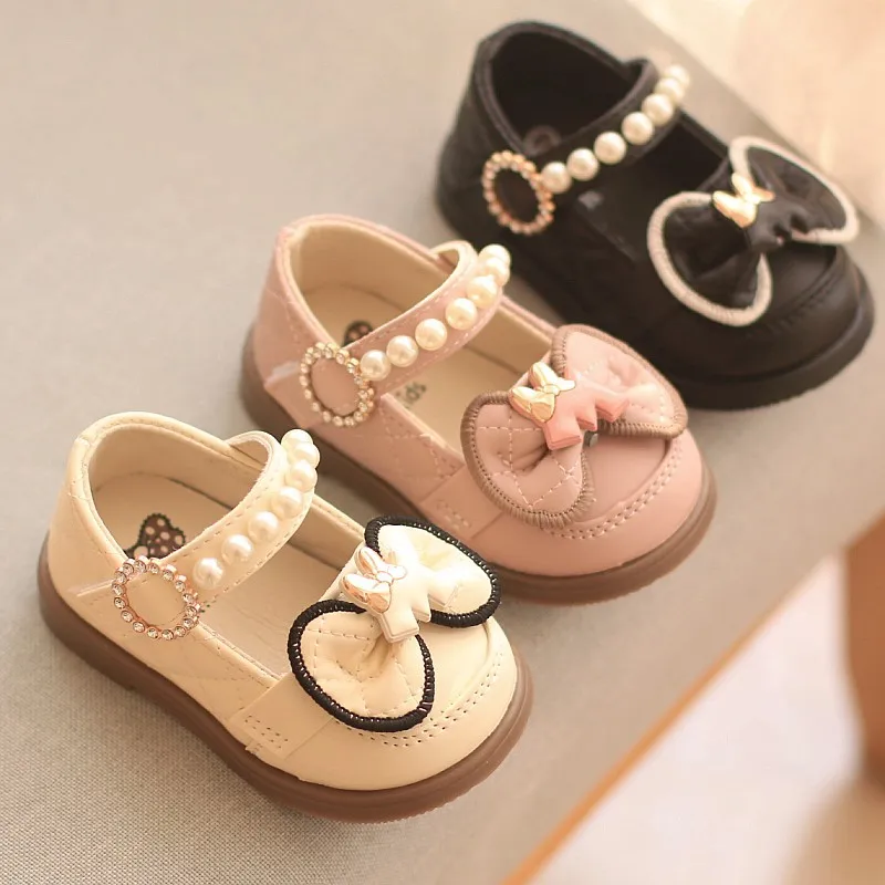 Autumn Baby Girls Cute Bow Leather Shoes 2024 Spring Pearl Bow Princess Shoes Soft Children Baby Toddler Single Shoes