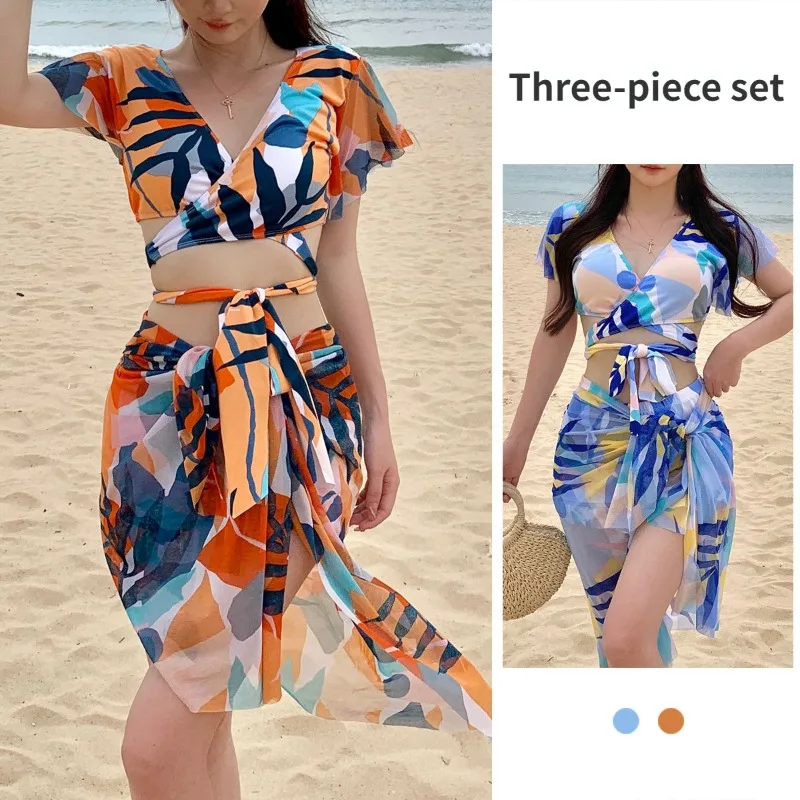 

Separates Bikini Set 3 Pieces Women's Summer Fashion Sexy Chiffon Cover Conservative Beach Resort Swimwear Printed Swimsuit