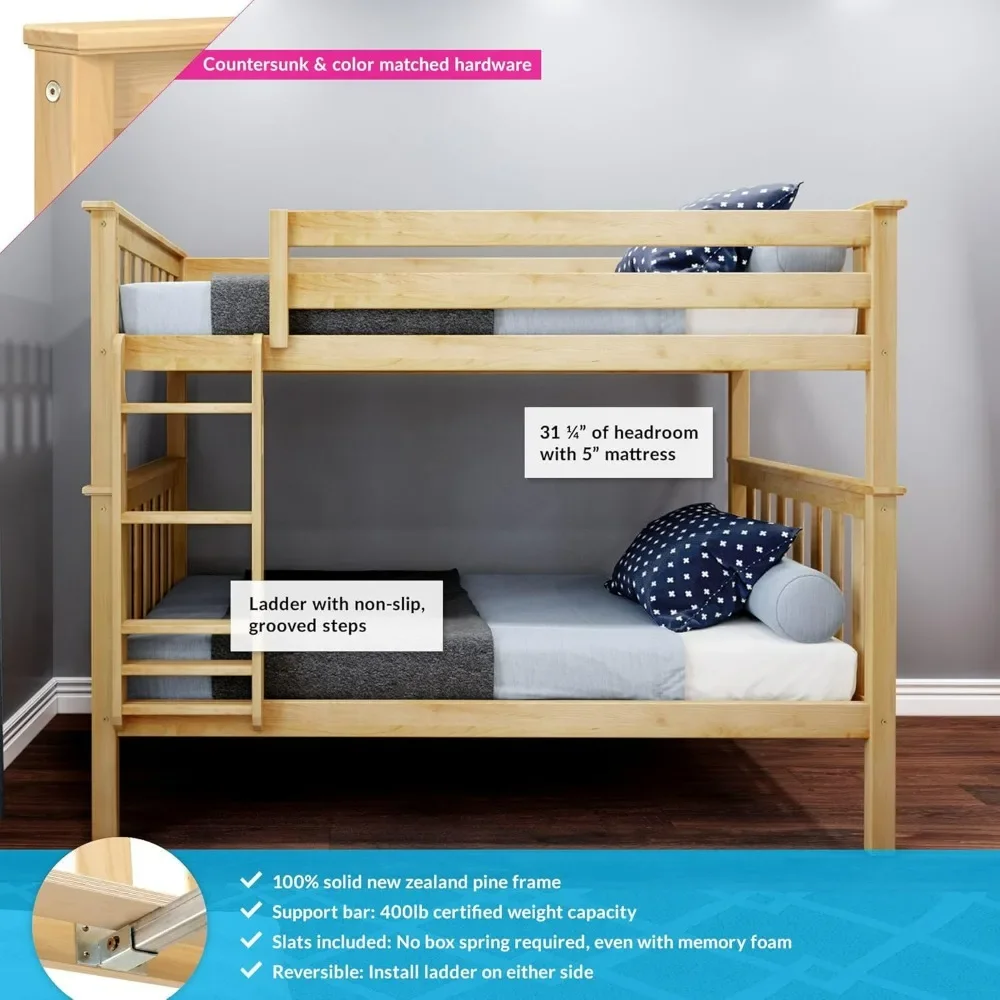 Bunk Bed Twin over Twin, Solid Wood Bunk Bed Frame with Ladder for Kids, 14