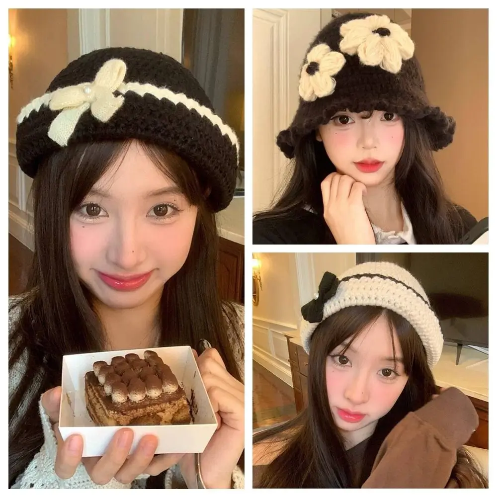 

Fashion Korean Style Crochet Flower Knitted Hat Handmade Hollow Out Flower Weave Cap Cute Warm Bowknot Beanies Hat Outdoor