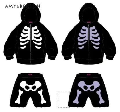 

Autumn Winter Harajuku Subculture Gothic Print Dark Punk Thickened Plush Jacket Elastic Waist Shorts High Street Two-Piece Set