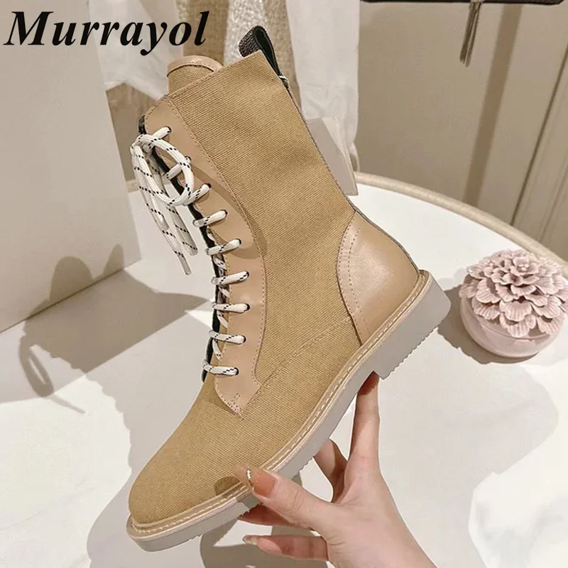 

Canvas Splicing British Style Short Boots Women Round Toe Lace-up Flat Ankle Botas Autumn Winter Riding Boots Motorcycle Boots